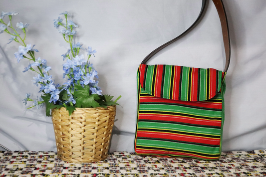 Caribbean Striped Upcycled Satchel Bag with Belt Strap