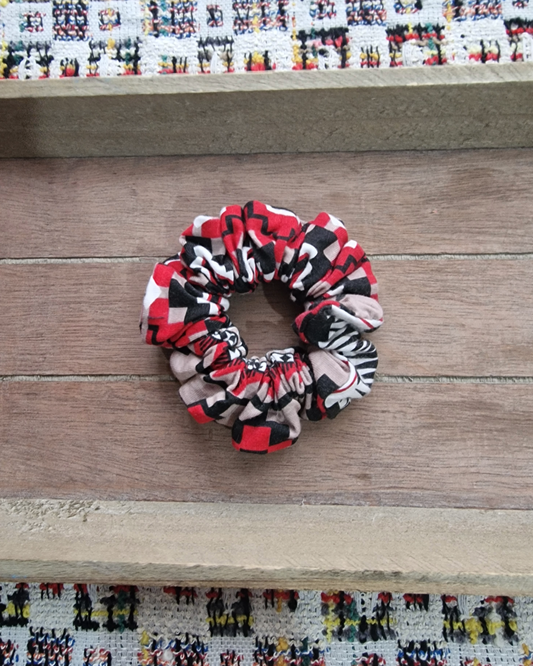 Upcycled Hair Scrunchie: Red & White Geometric