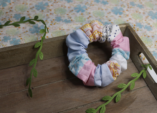 trans pride hair scrunchie made using scrap fabrics, angle 2