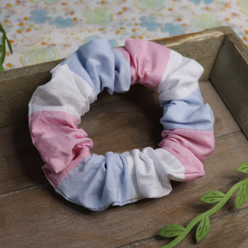 handmade hair scrunchie in the trans flag colours