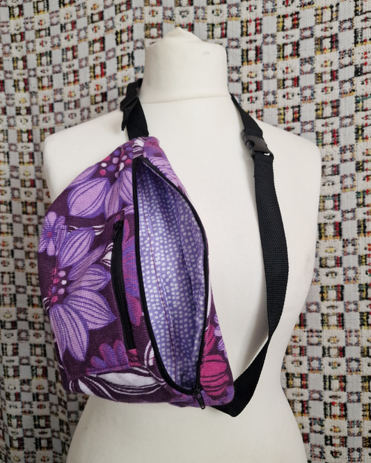 Purple Floral Upcycled Bum Bag (Black Zip)