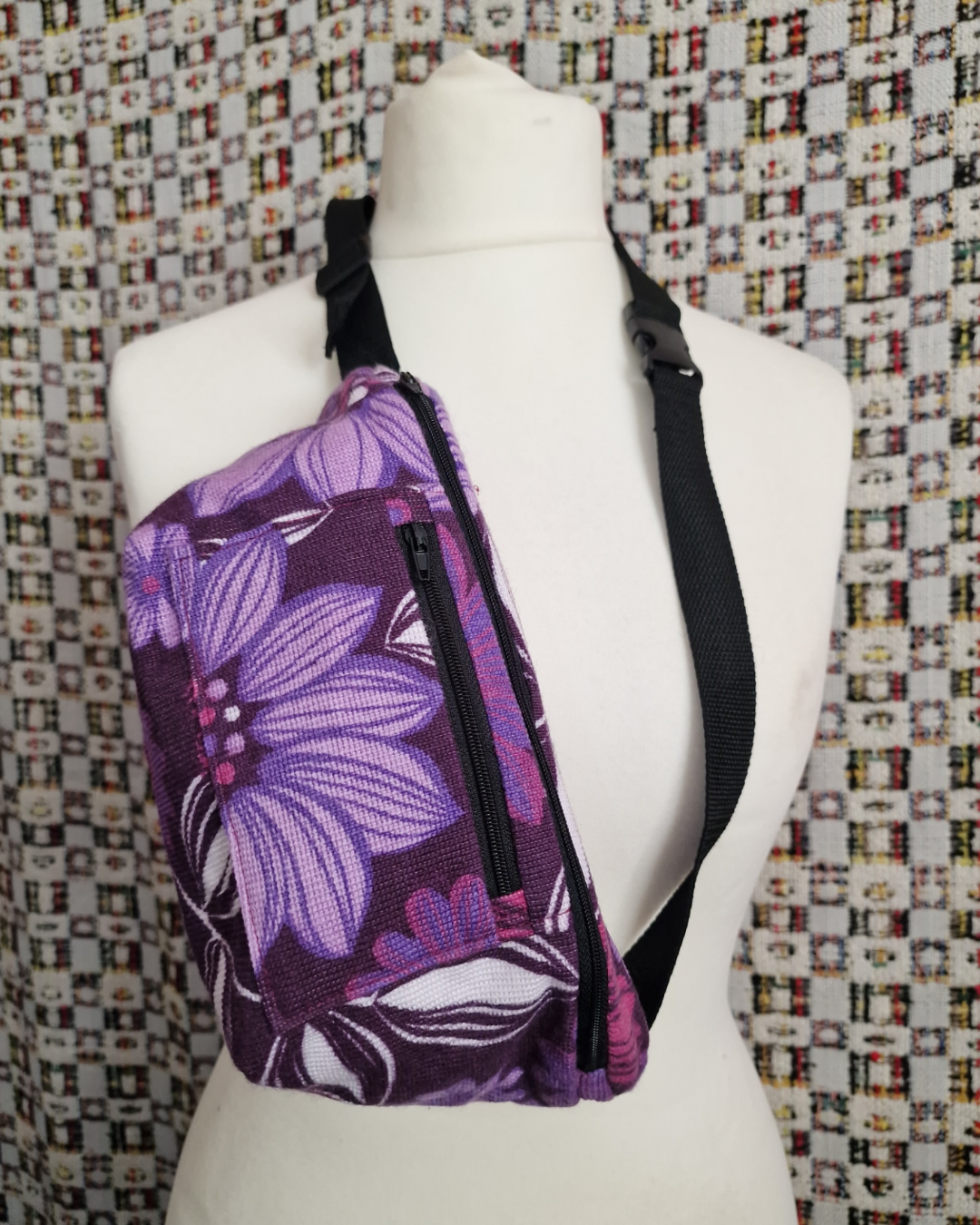 Purple Floral Upcycled Bum Bag (Black Zip)