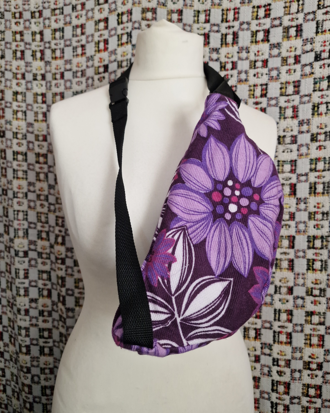 Purple Floral Upcycled Bum Bag (Black Zip)