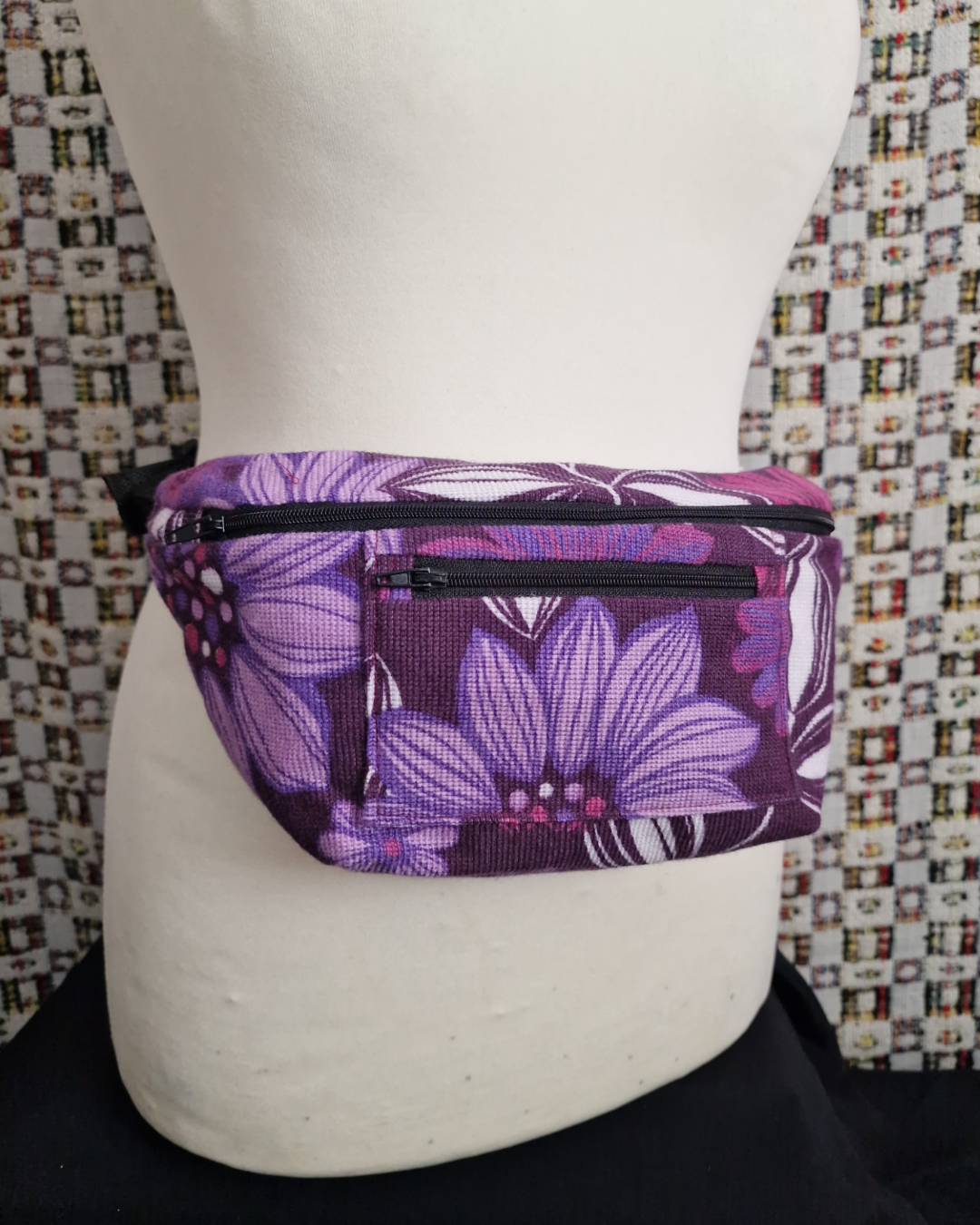 Purple Floral Upcycled Bum Bag (Black Zip)