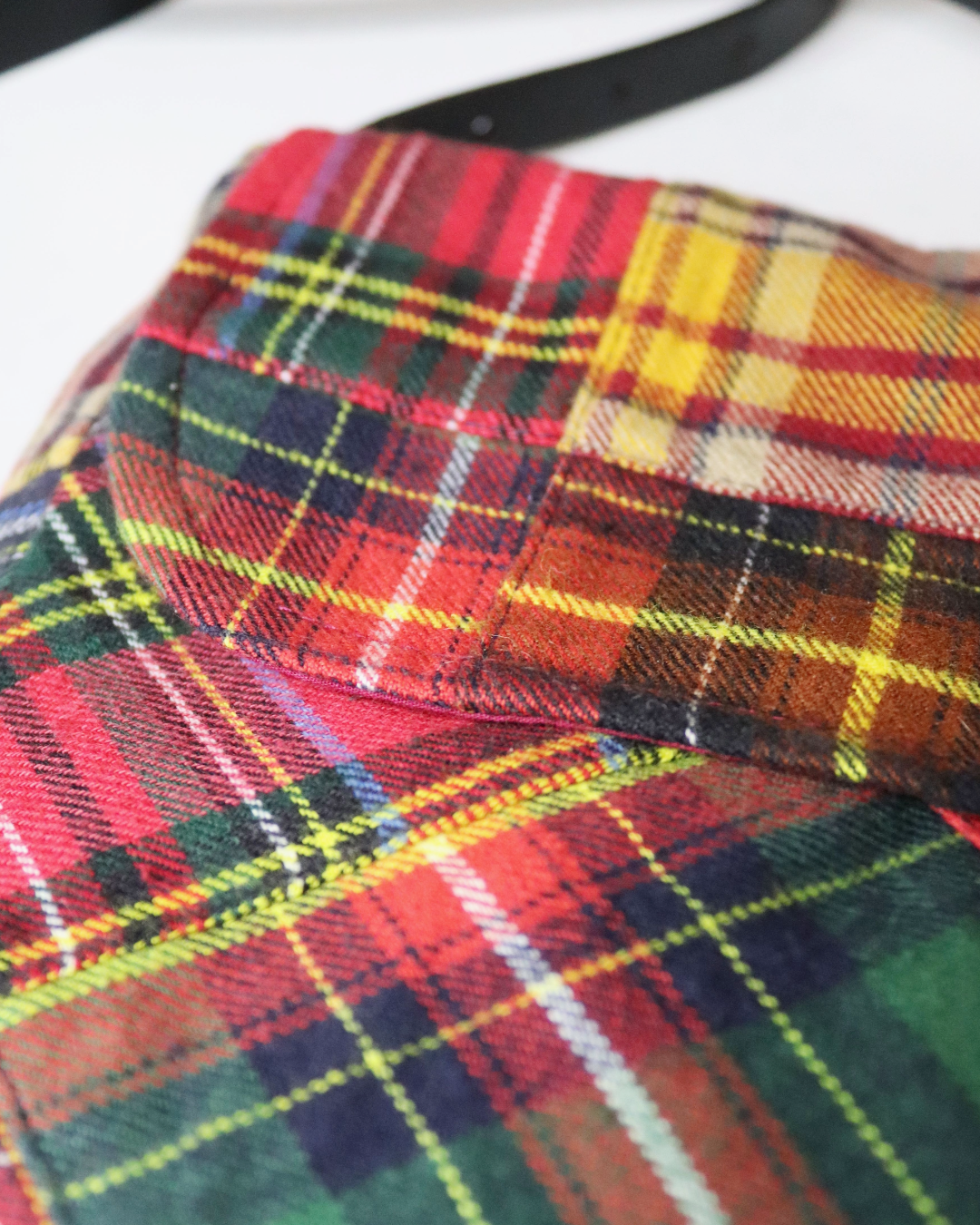 Mixed Tartan Upcycled Satchel Bag with Thin Belt Strap
