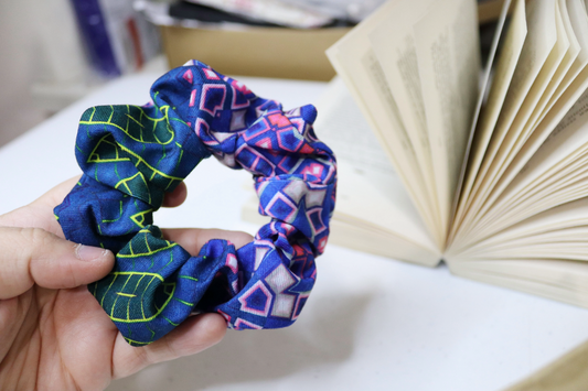 Upcycled Hair Scrunchie: Blue Geometric & Leaf Pattern