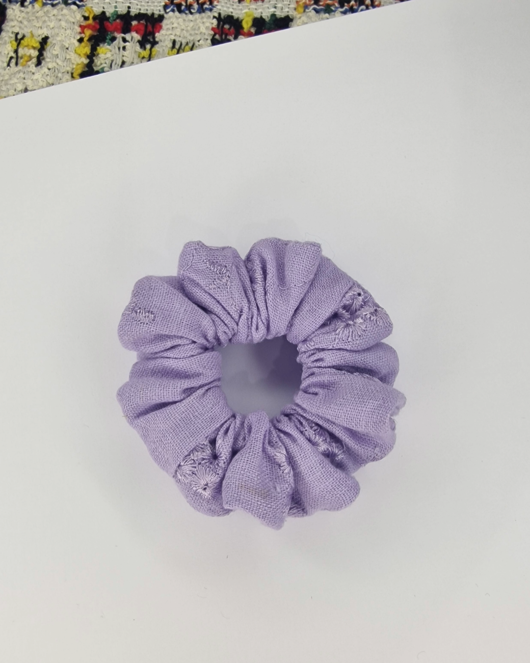 Upcycled Hair Scrunchie: Purple Embroidery Flowers