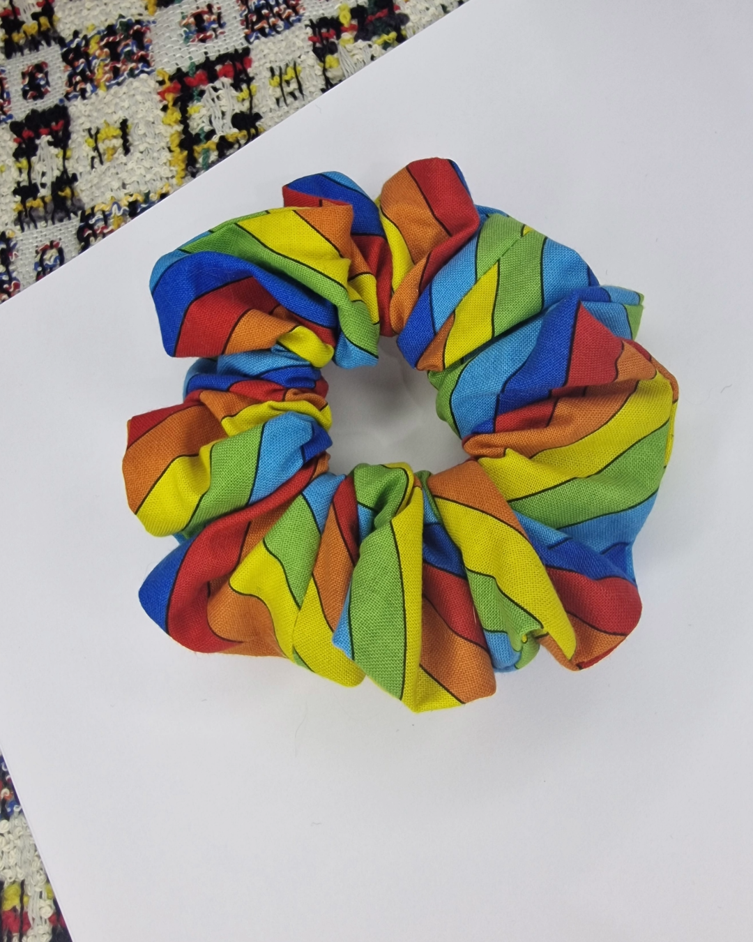 Upcycled Hair Scrunchie: Striped Rainbow