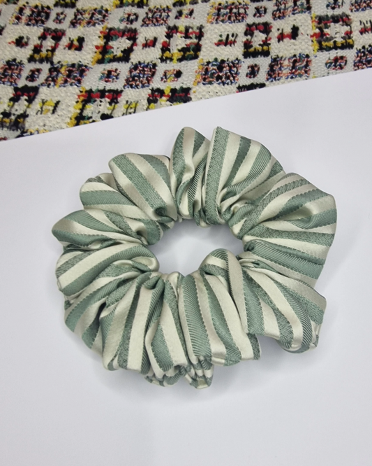 Upcycled Hair Scrunchie: Gold & Green (Vertical)