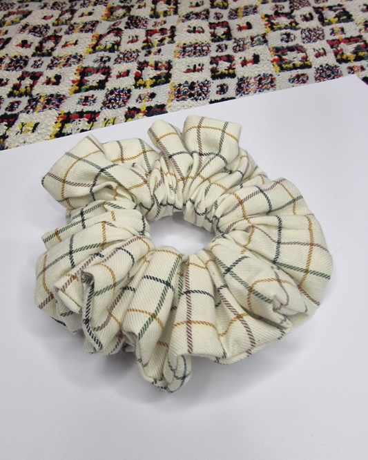 Upcycled Hair Scrunchie: Beige with Squares