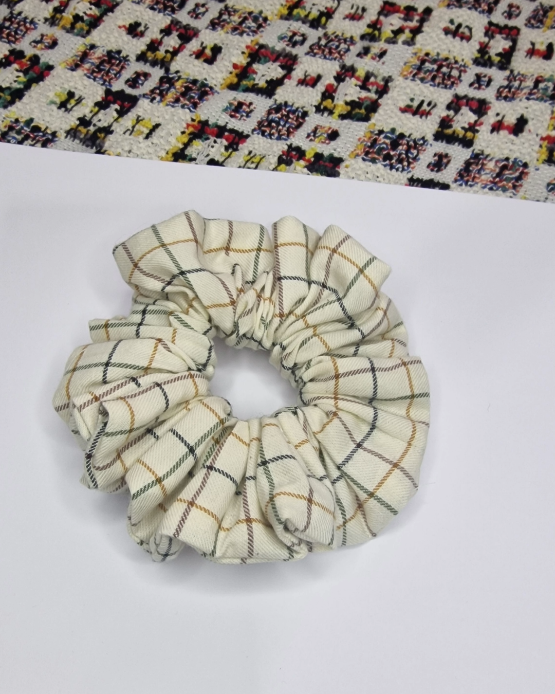 Upcycled Hair Scrunchie: Beige with Squares