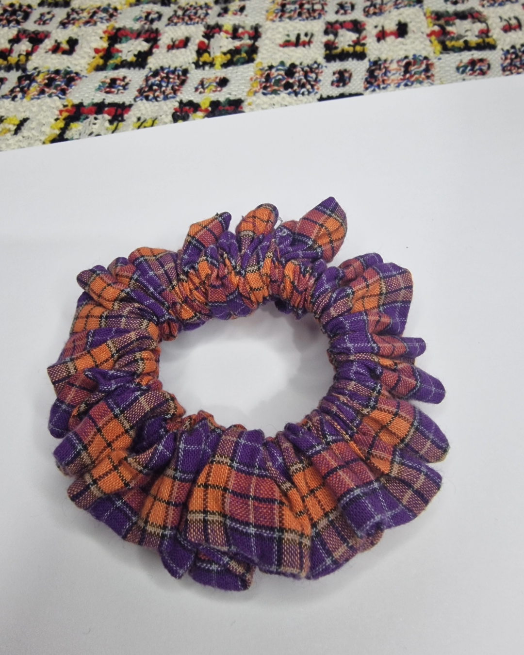 Upcycled Hair Scrunchie: Orange and Purple Tartan