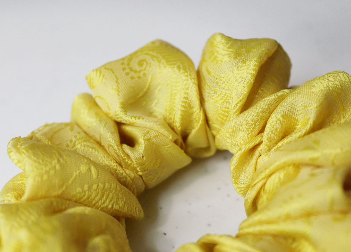 yellow satin hair scrunchie bright yellow sunshine handmade close up