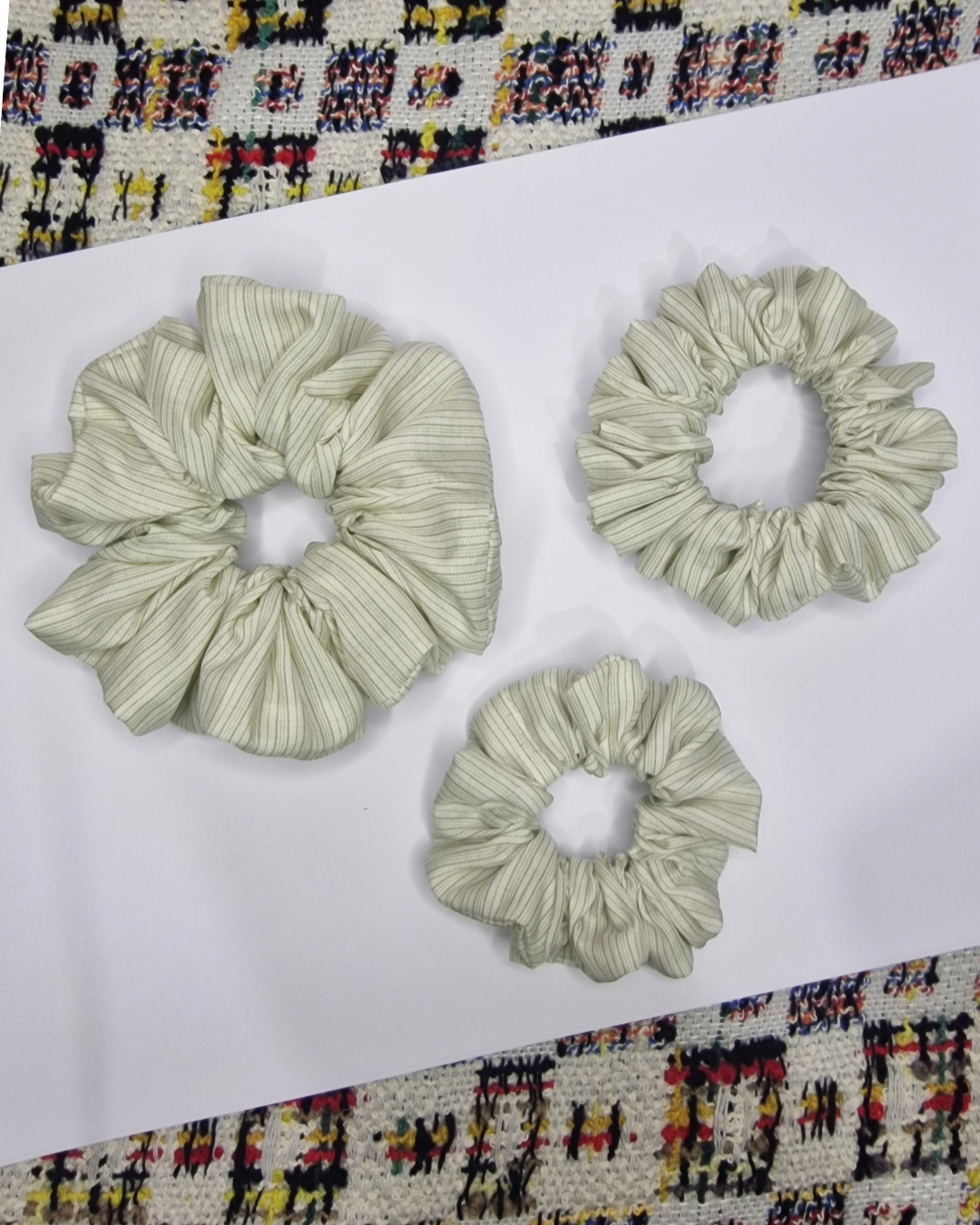 Upcycled Hair Scrunchie: White with Green Stripes