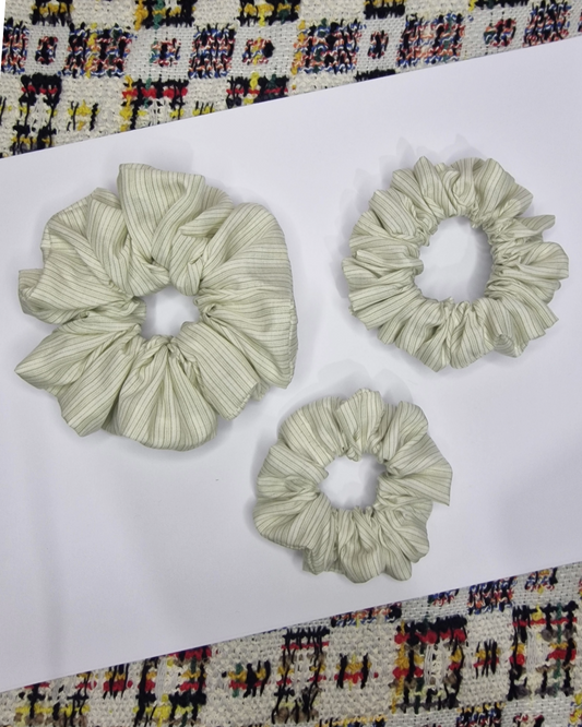 Upcycled Hair Scrunchie: White with Green Stripes