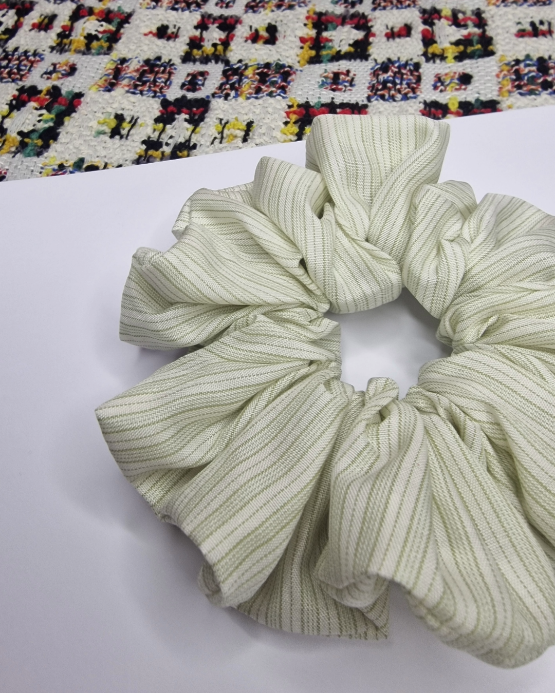 Upcycled Hair Scrunchie: White with Green Stripes