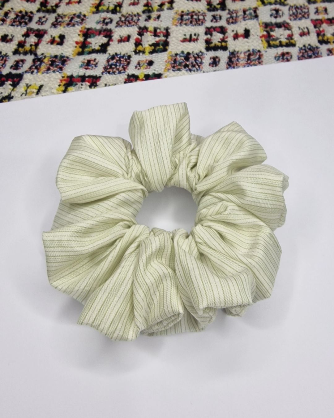 Upcycled Hair Scrunchie: White with Green Stripes
