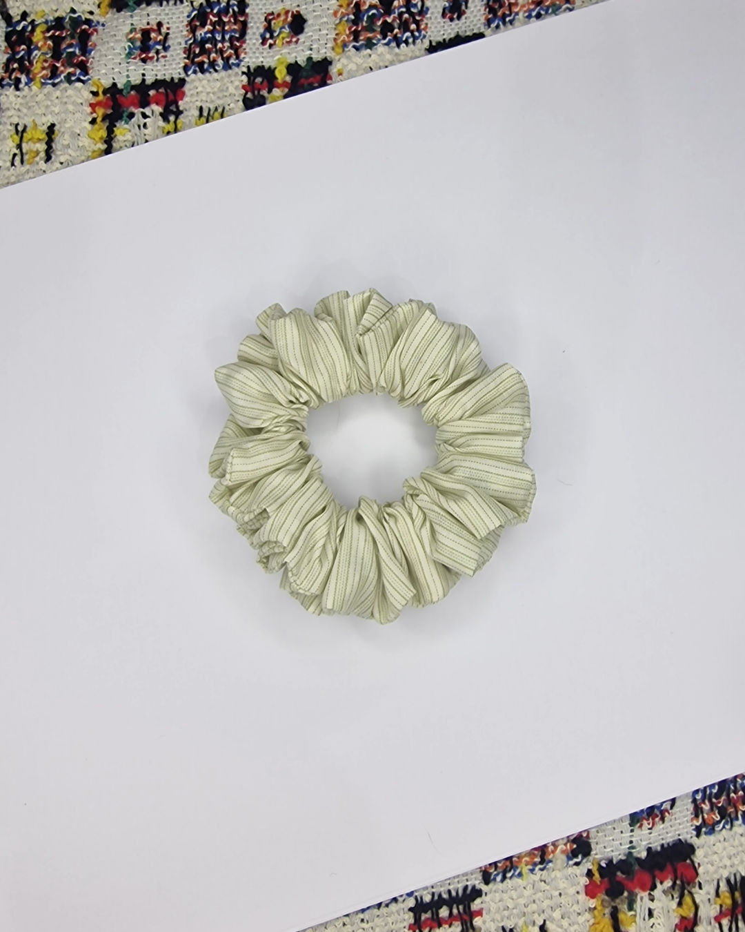 Upcycled Hair Scrunchie: White with Green Stripes