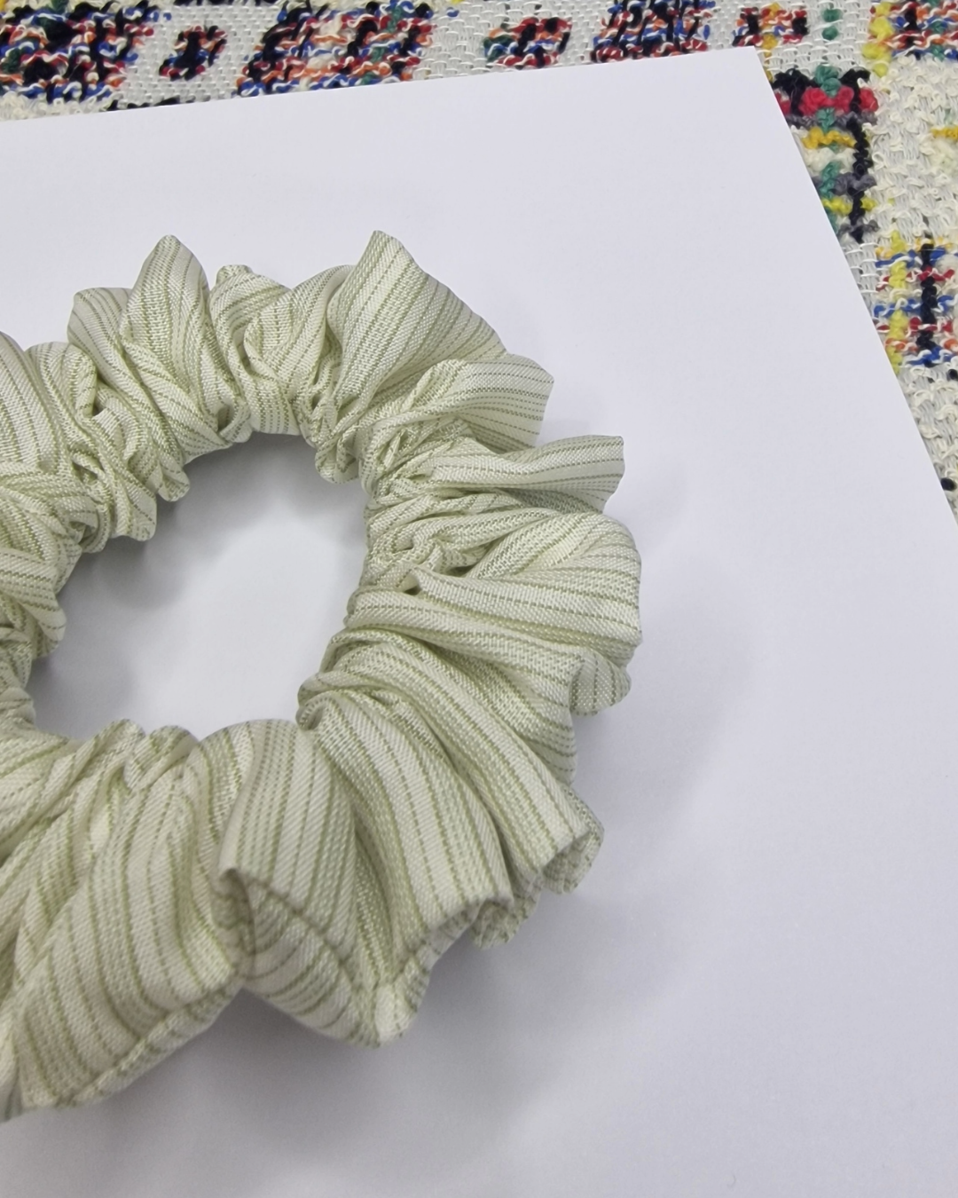 Upcycled Hair Scrunchie: White with Green Stripes