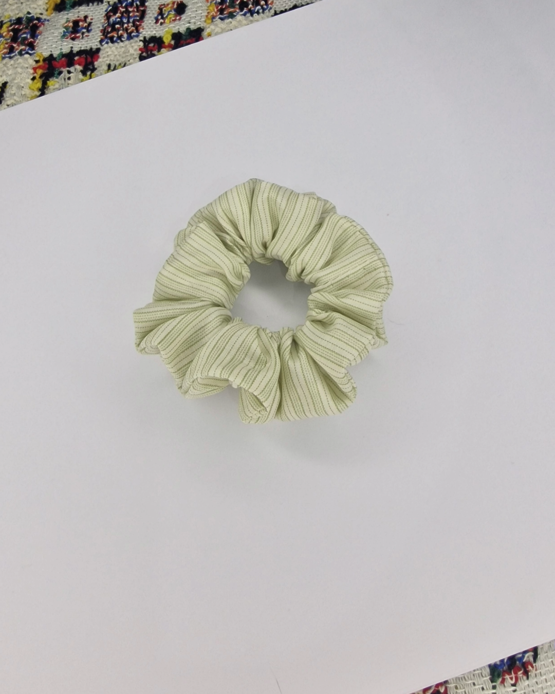 Upcycled Hair Scrunchie: White with Green Stripes