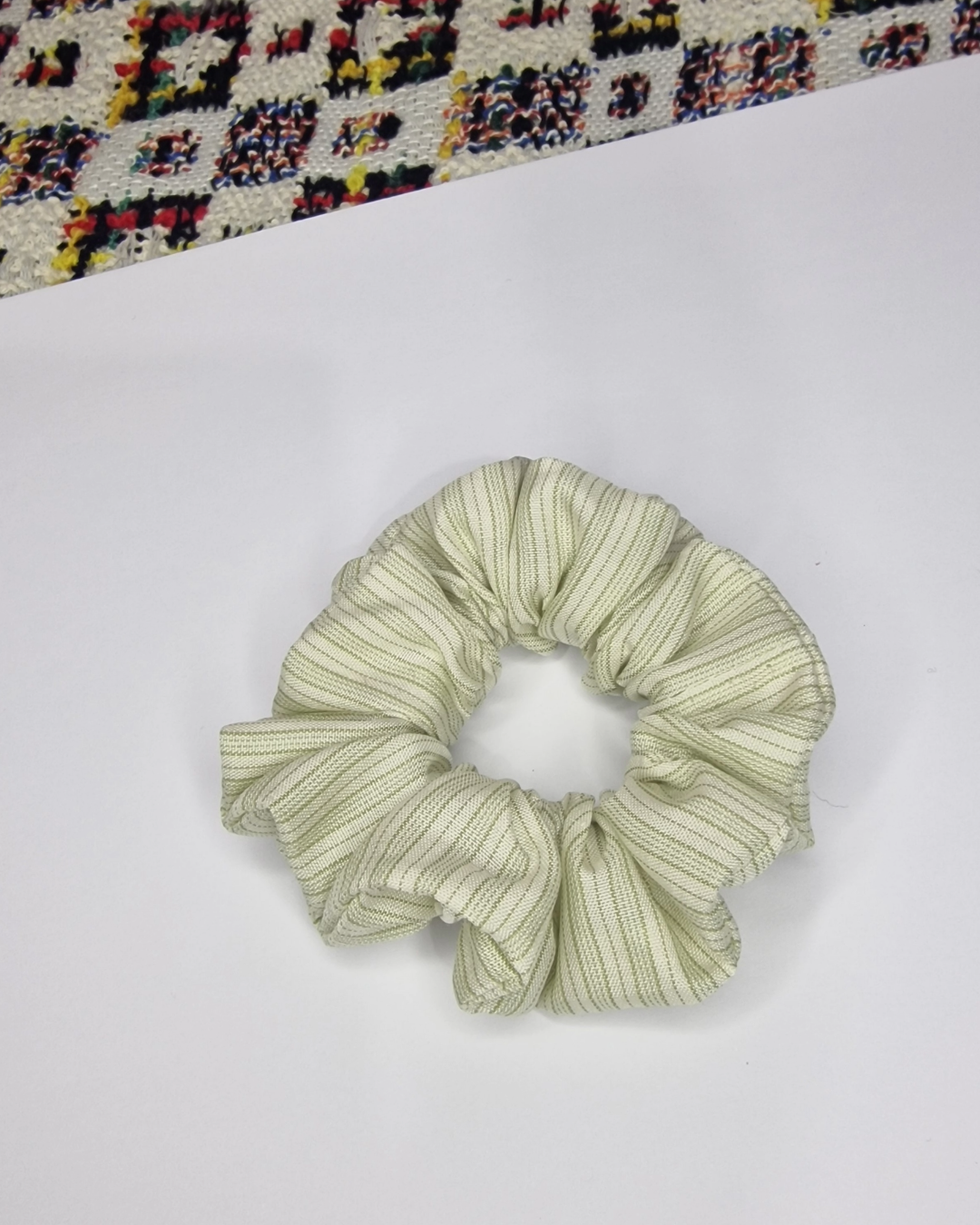 Upcycled Hair Scrunchie: White with Green Stripes
