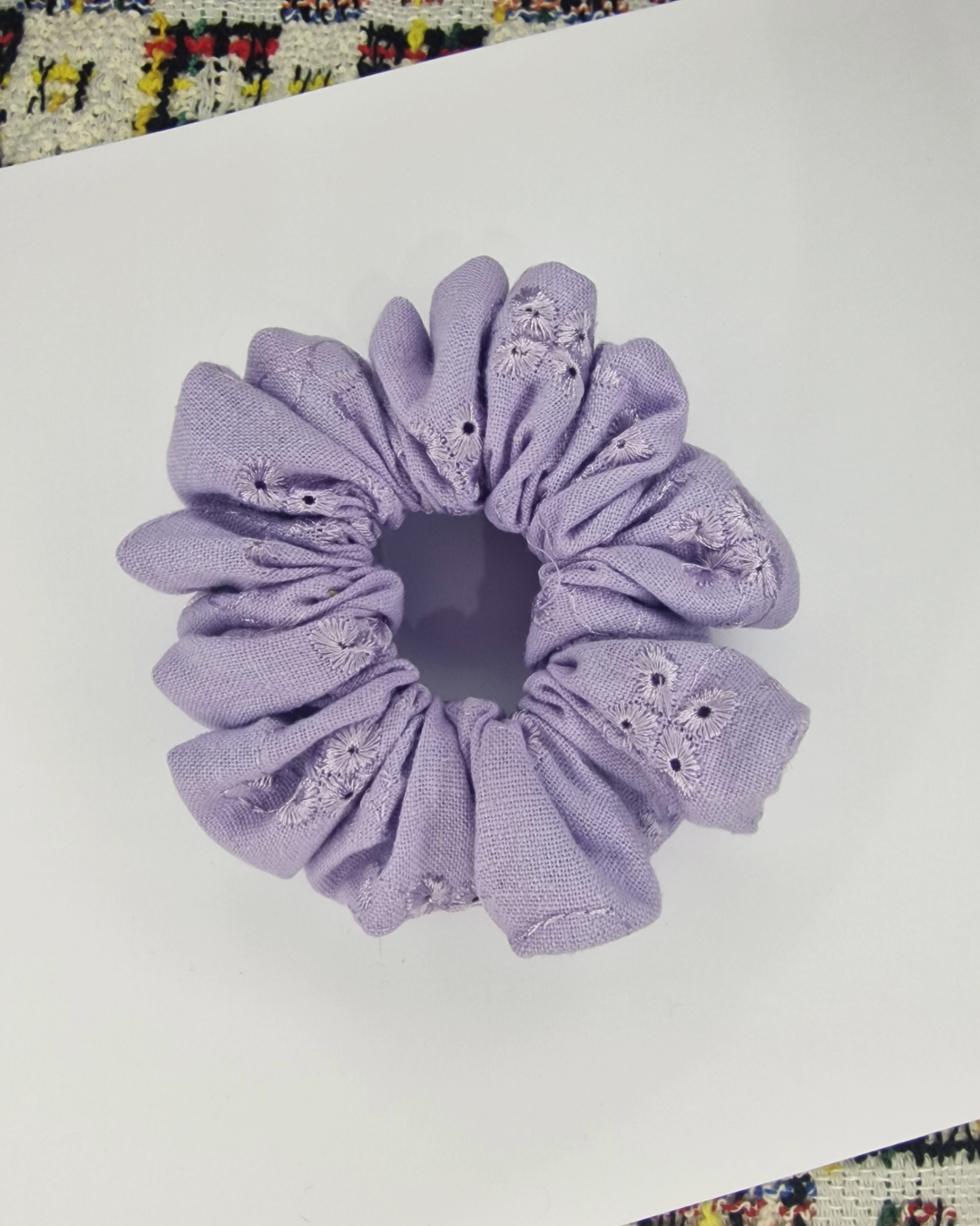 Upcycled Hair Scrunchie: Purple Embroidery Flowers