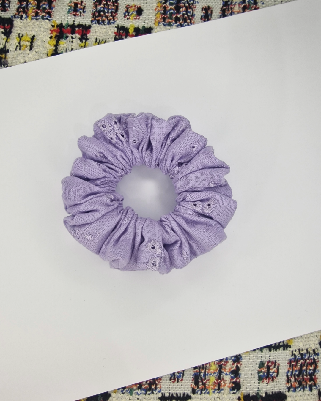 Upcycled Hair Scrunchie: Purple Embroidery Flowers