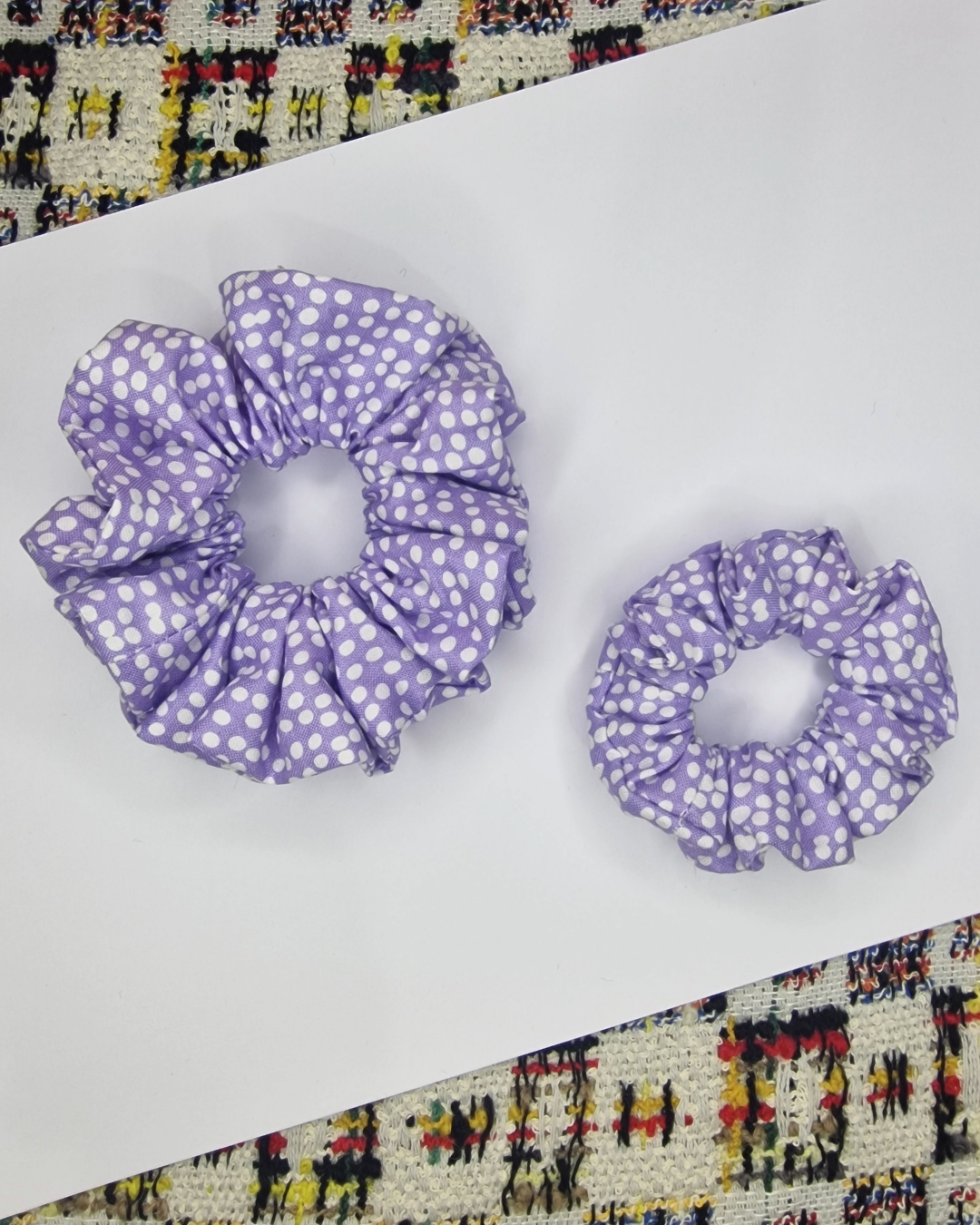 Upcycled Hair Scrunchie: Purple Polka Dots