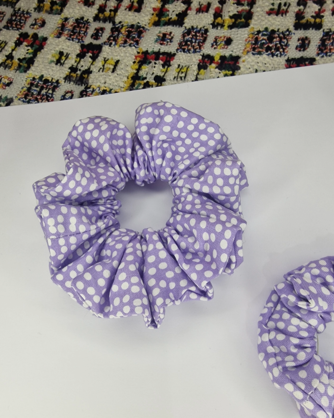 Upcycled Hair Scrunchie: Purple Polka Dots