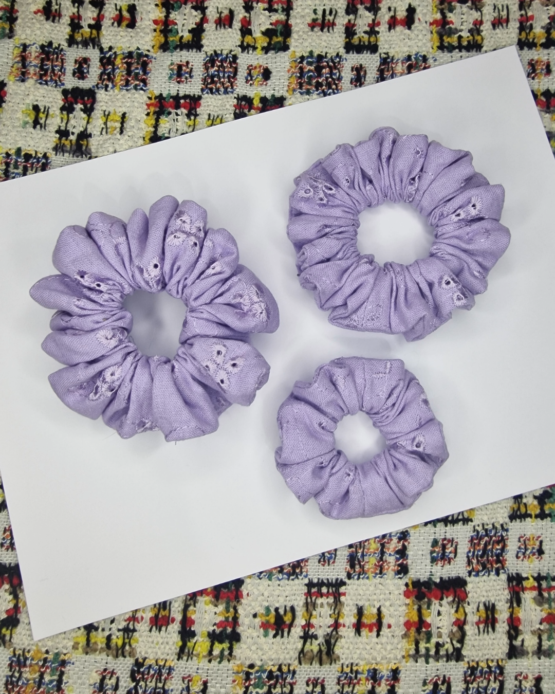 Upcycled Hair Scrunchie: Purple Embroidery Flowers