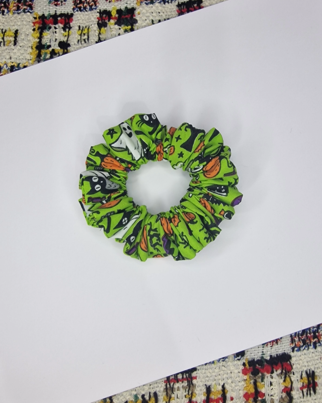 Upcycled Hair Scrunchie: Green Halloween Print
