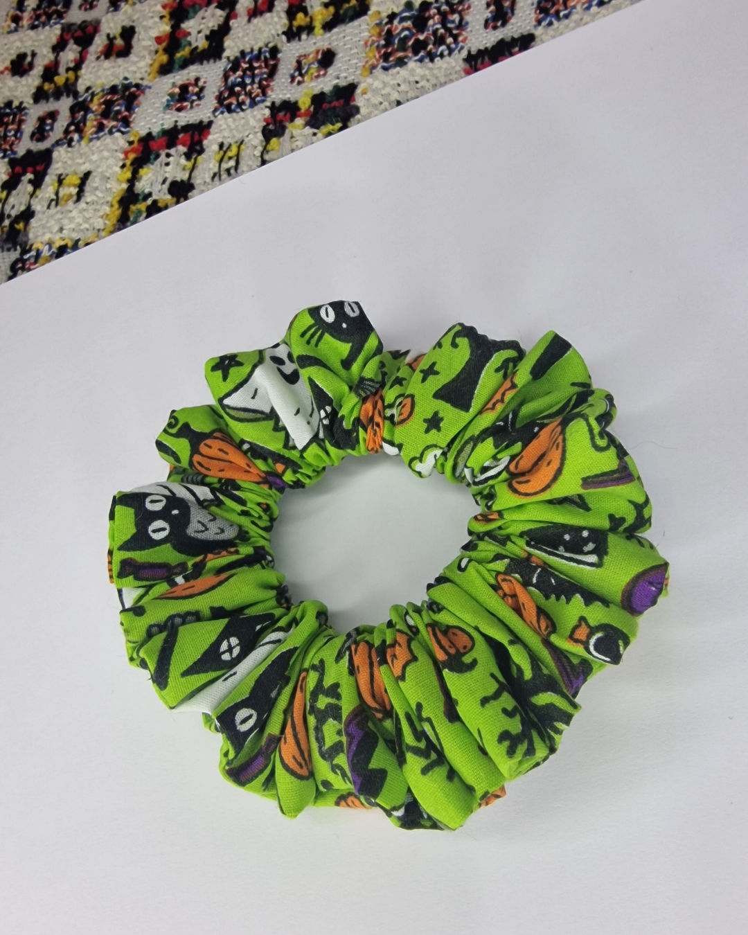 Upcycled Hair Scrunchie: Green Halloween Print