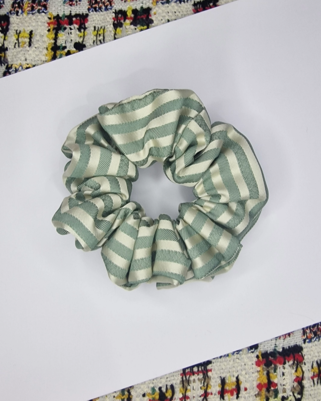 Upcycled Hair Scrunchie: Gold & Green (Horizontal)