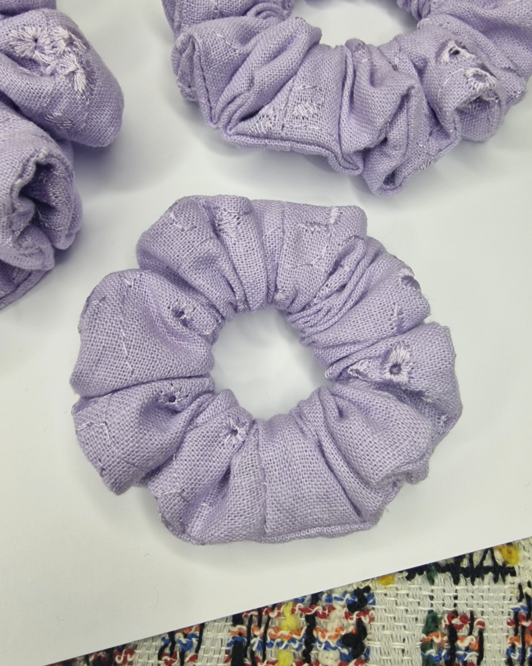 Upcycled Hair Scrunchie: Purple Embroidery Flowers