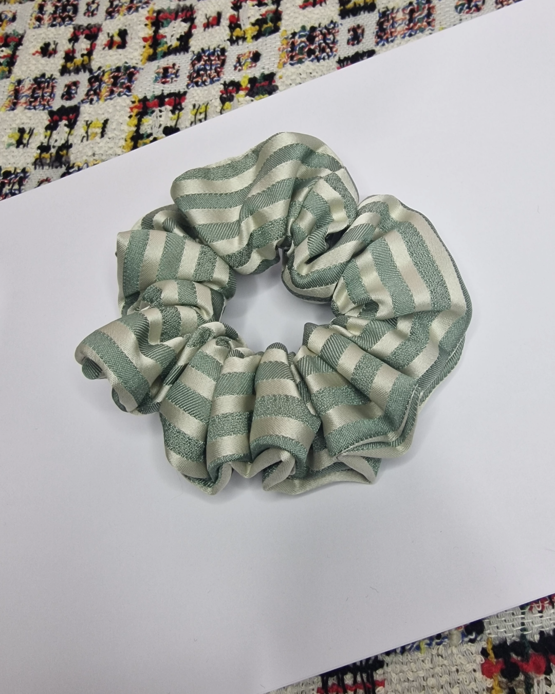 Upcycled Hair Scrunchie: Gold & Green (Horizontal)