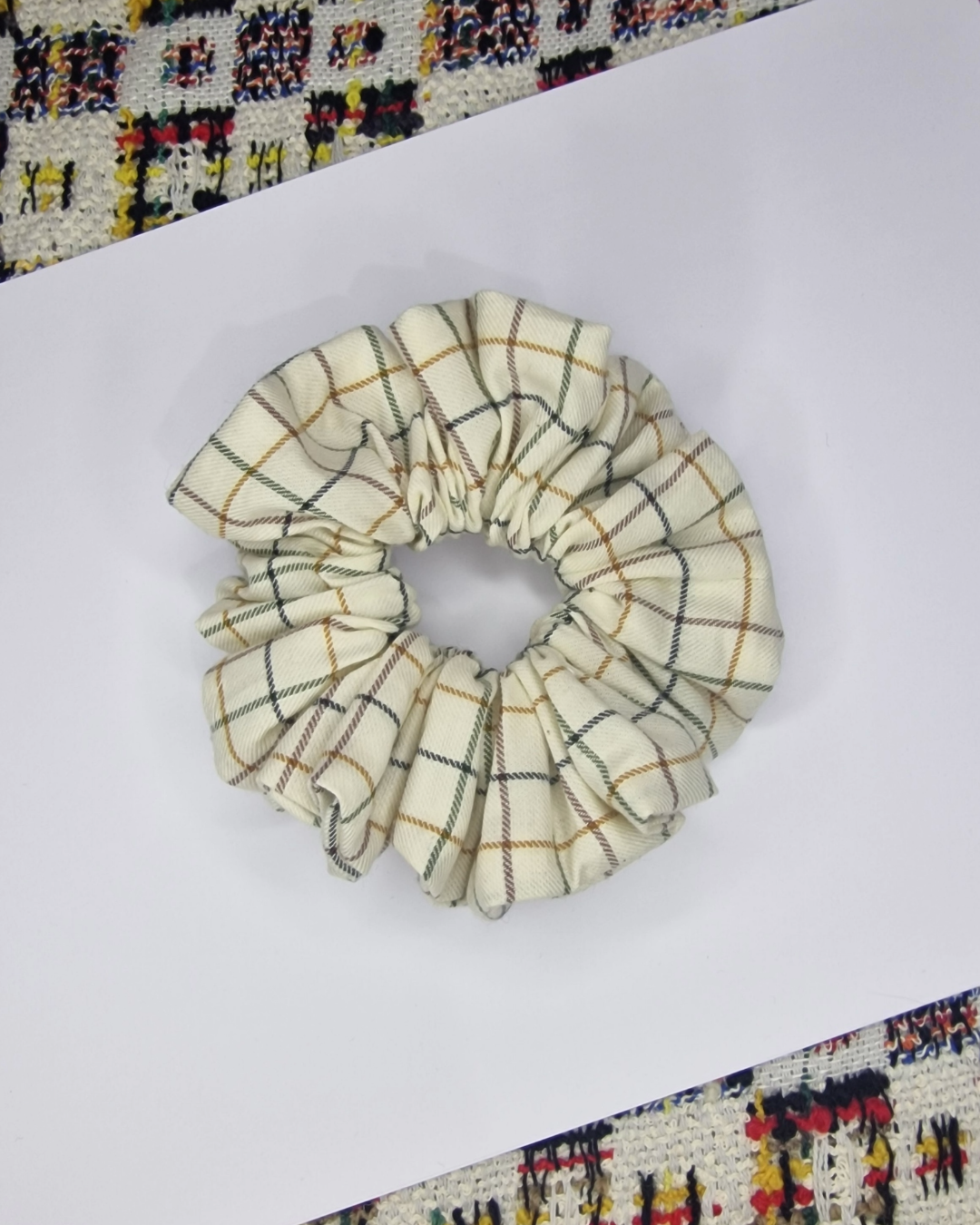 Upcycled Hair Scrunchie: Beige with Squares