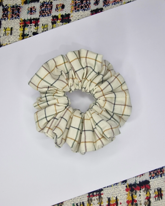 Upcycled Hair Scrunchie: Beige with Squares