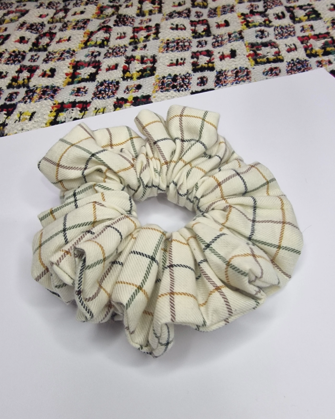 Upcycled Hair Scrunchie: Beige with Squares