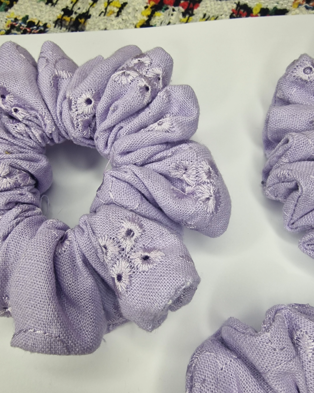 Upcycled Hair Scrunchie: Purple Embroidery Flowers