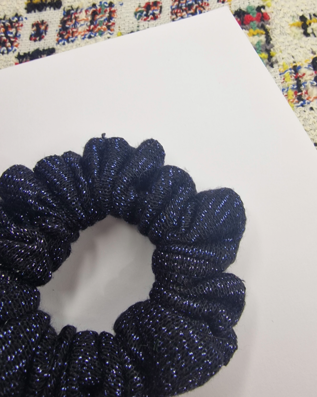 Upcycled Hair Scrunchie: Black & Blue Sparkly Lines