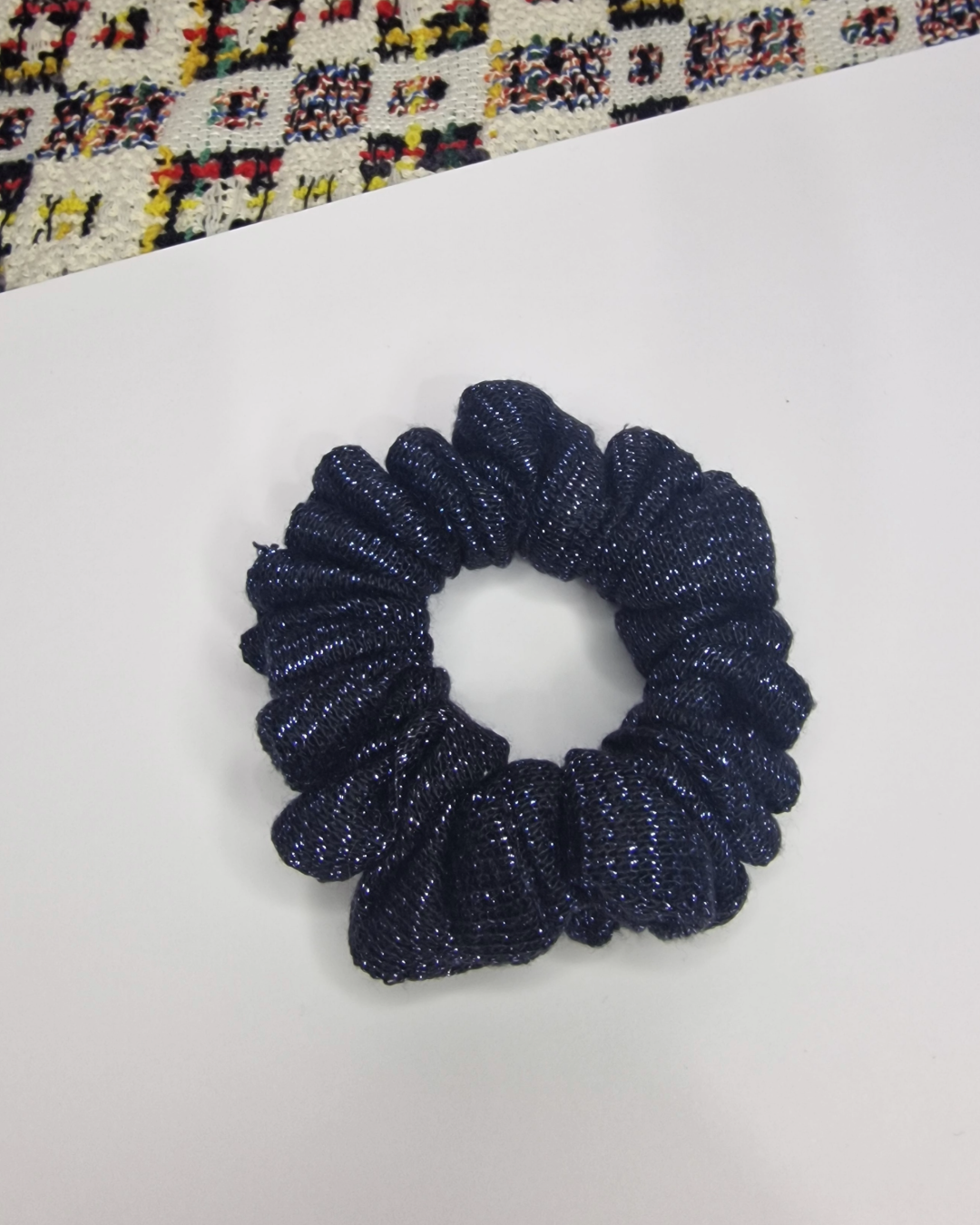 Upcycled Hair Scrunchie: Black & Blue Sparkly Lines
