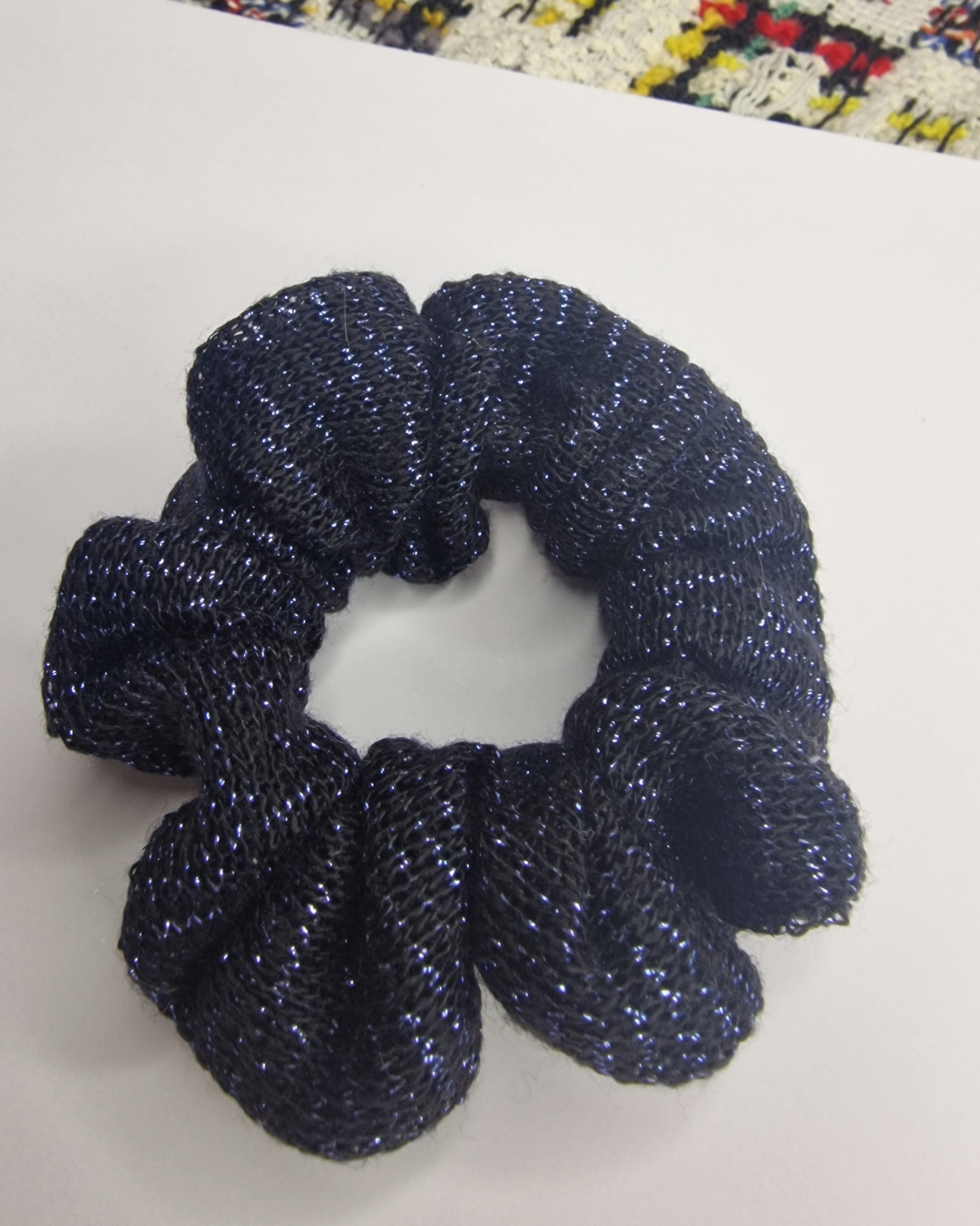 Upcycled Hair Scrunchie: Black & Blue Sparkly Lines