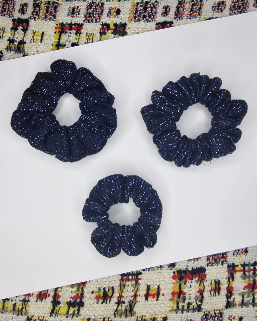 Upcycled Hair Scrunchie: Black & Blue Sparkly Lines