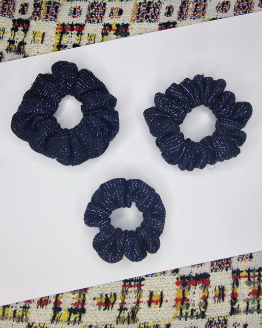 Upcycled Hair Scrunchie: Black & Blue Sparkly Lines