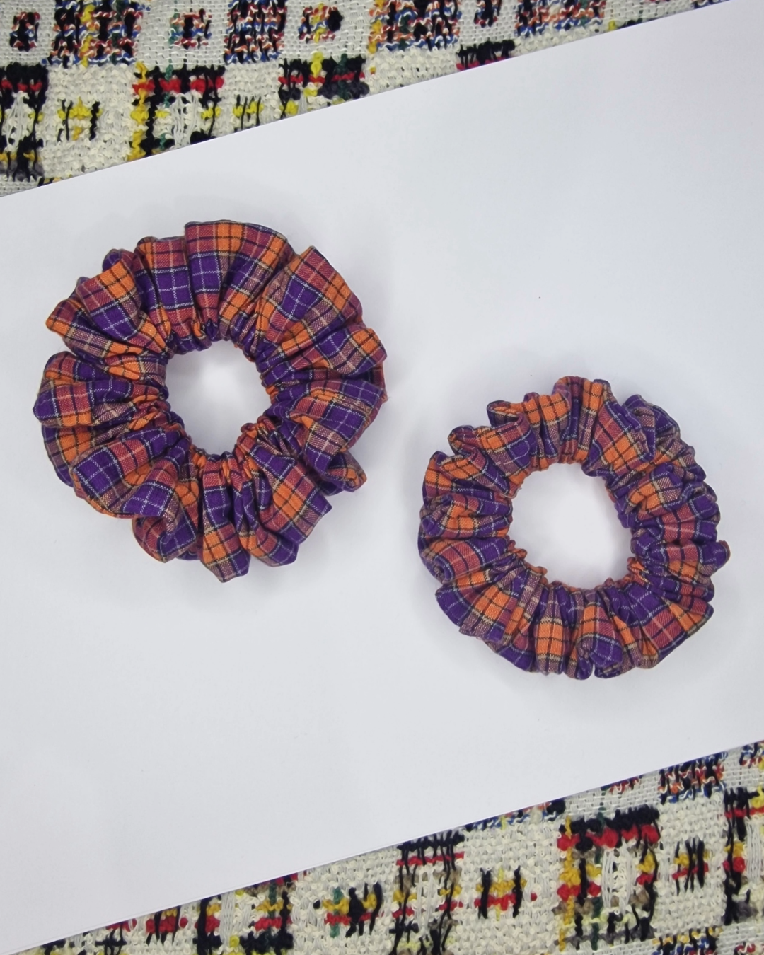 Upcycled Hair Scrunchie: Orange and Purple Tartan