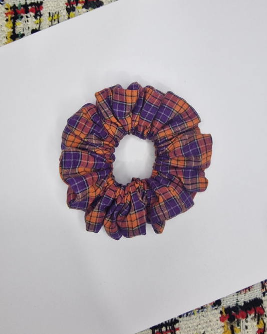 Upcycled Hair Scrunchie: Orange and Purple Tartan