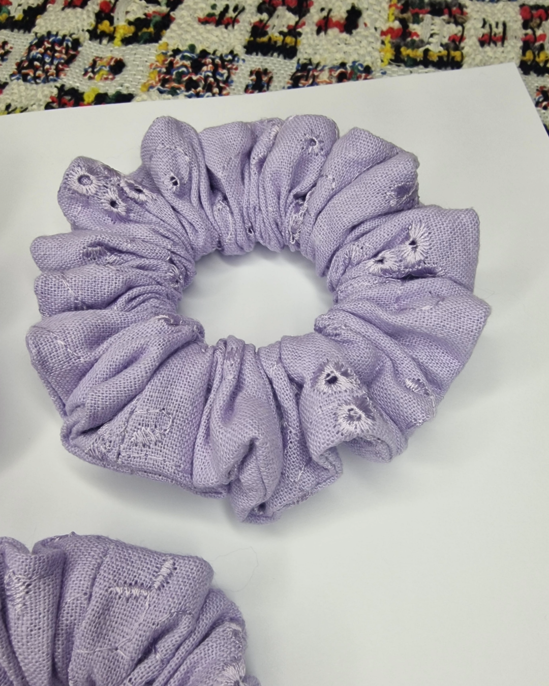 Upcycled Hair Scrunchie: Purple Embroidery Flowers