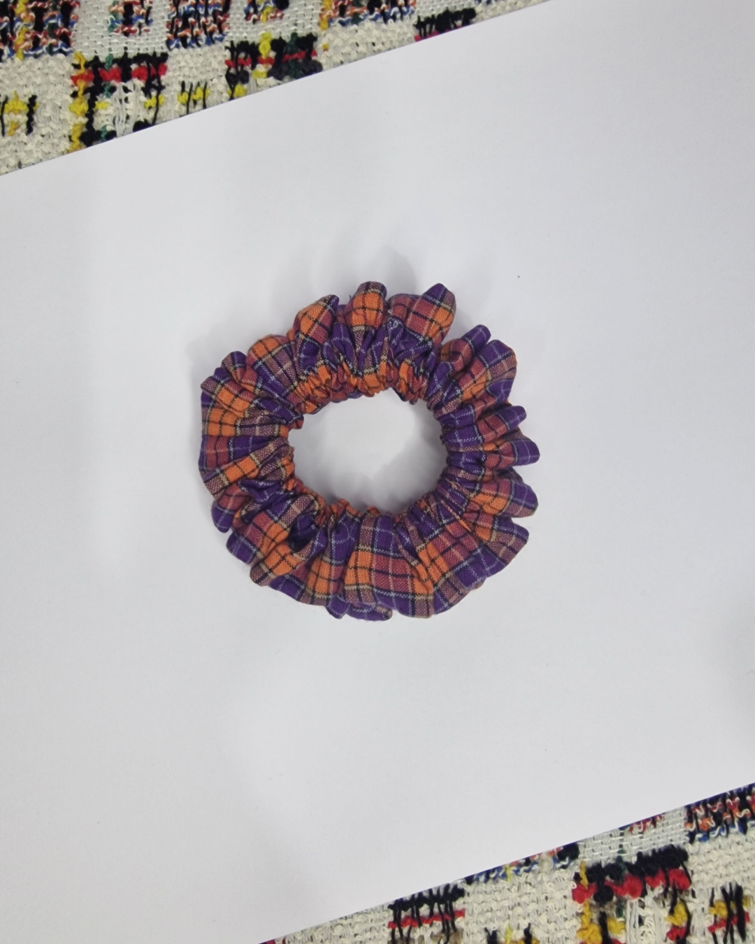 Upcycled Hair Scrunchie: Orange and Purple Tartan