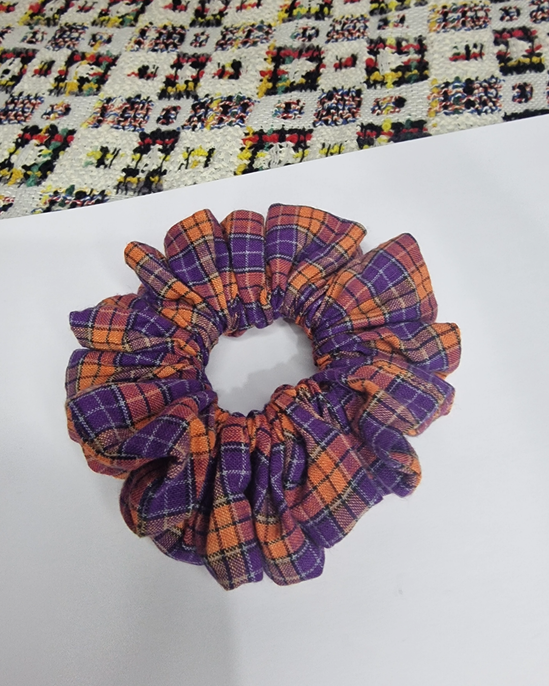 Upcycled Hair Scrunchie: Orange and Purple Tartan