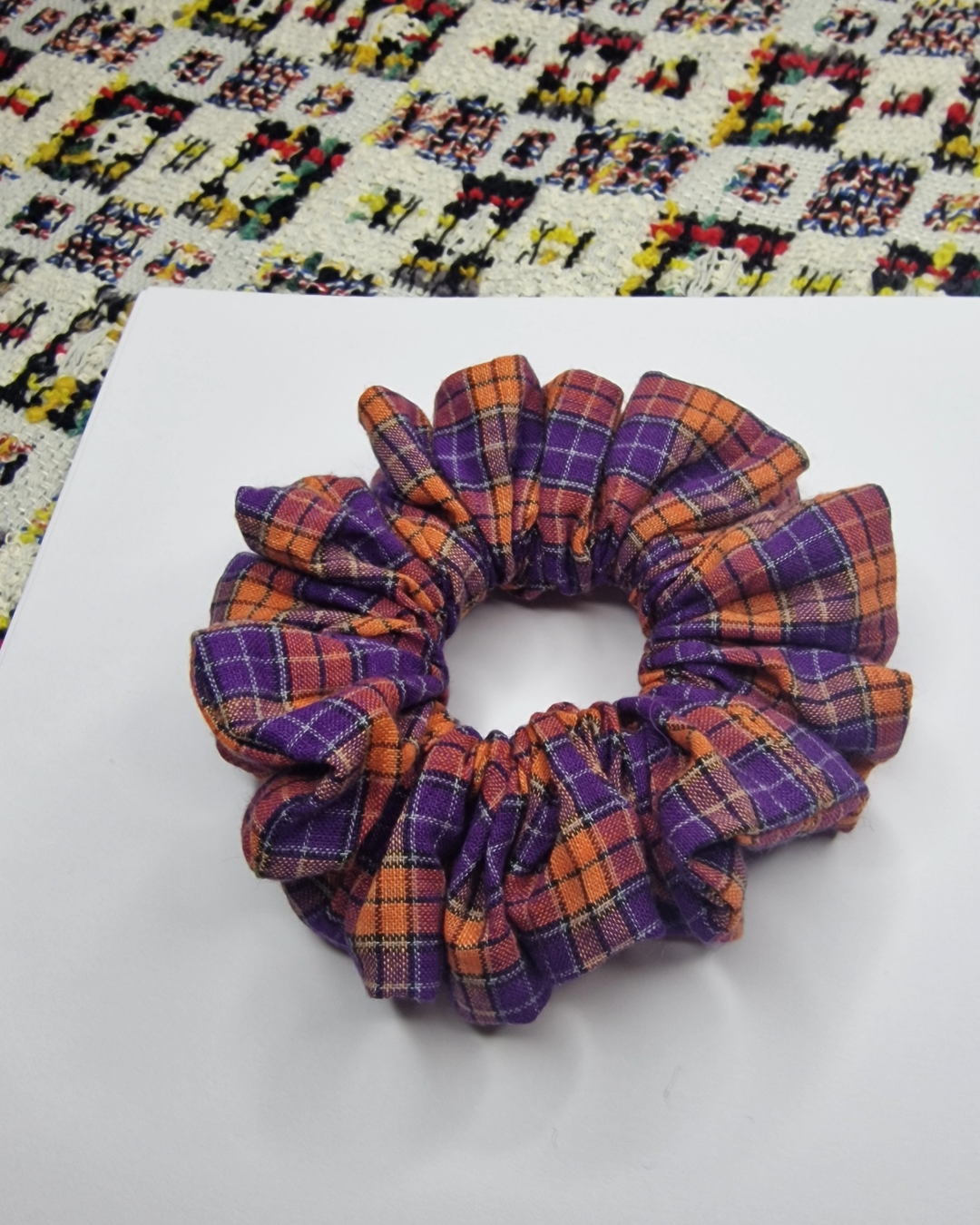 Upcycled Hair Scrunchie: Orange and Purple Tartan